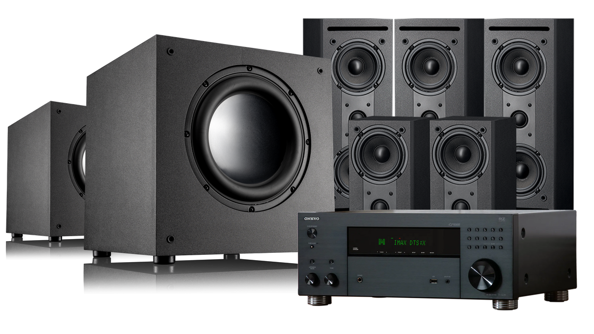 Home theater speaker system with subwoofer and receiver on a white background