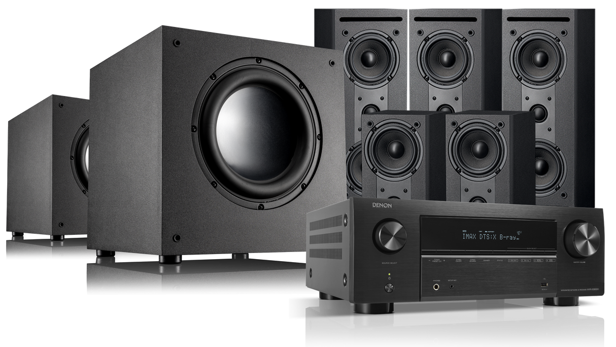 Black home theater speaker system with receiver on a white background
