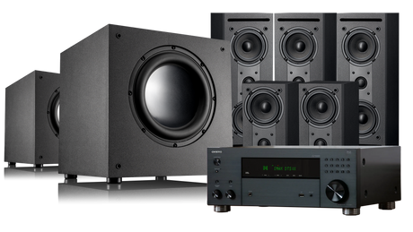 Home theater speaker system with subwoofer and receiver on a white background