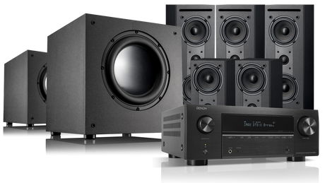 Black home theater speaker system with receiver on a white background