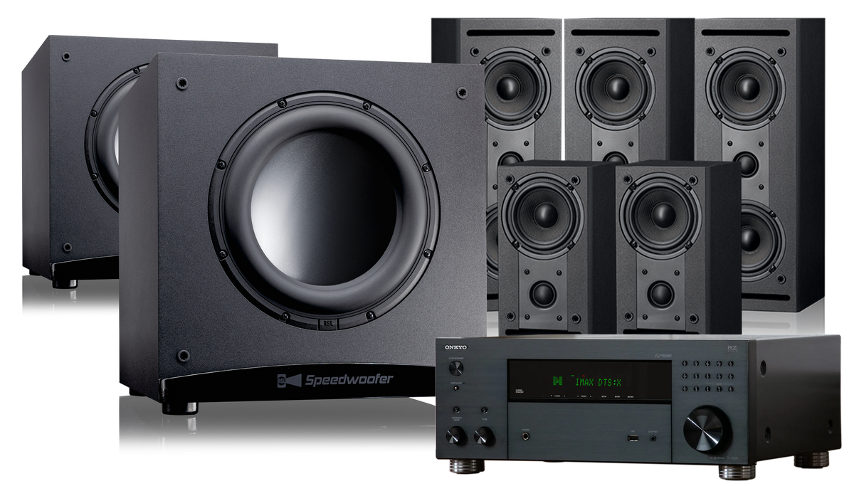 Home theater speaker system with subwoofer and amplifier on a white background