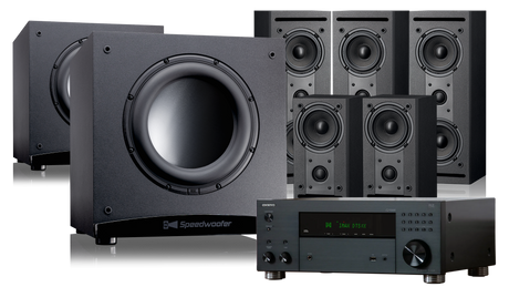 Home theater speaker system with subwoofer and amplifier on a white background