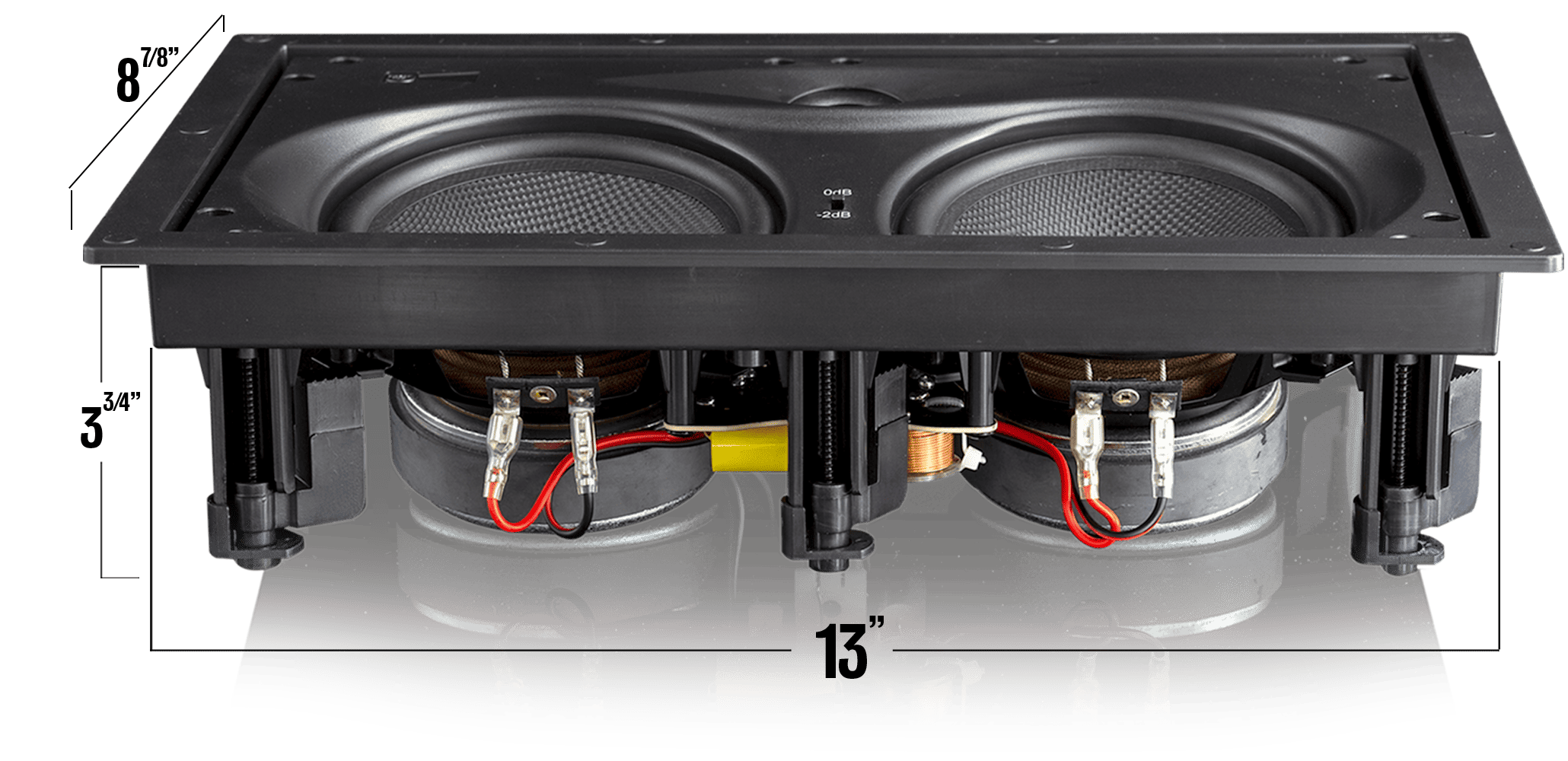 RSL Speakers W25E In-Wall speaker with guides stating its' mounting dimensions